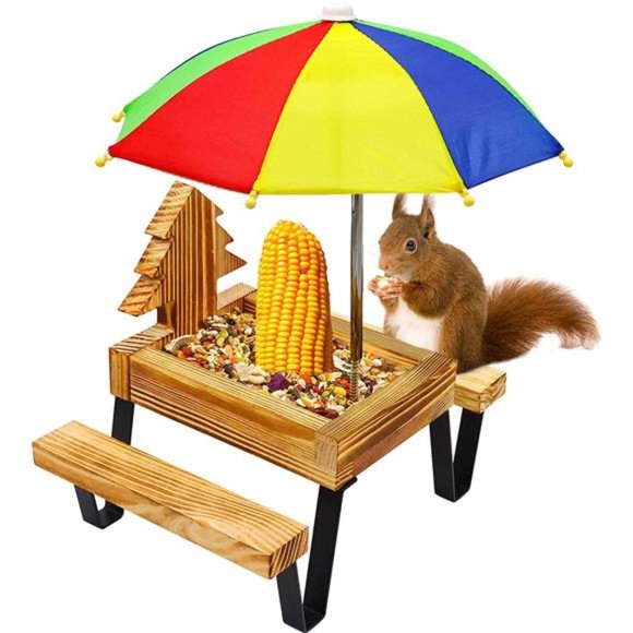 Squirrel Feeder, Squirrel Picnic Table Feeder for Outside with Umbrella Benches - Picture 1 of 7